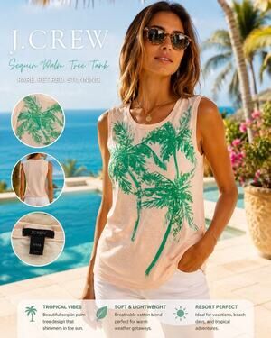 J.Crew Sequin Palm Tree Tank Top Pink Tropical Resort Coastal Vacation Beachy